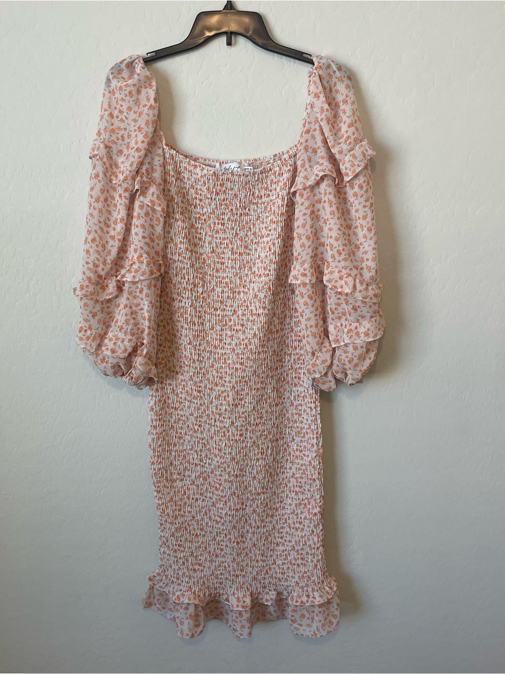 Petal & Pup Peach Floral Smocked Midi Dress with Puff Sleeves